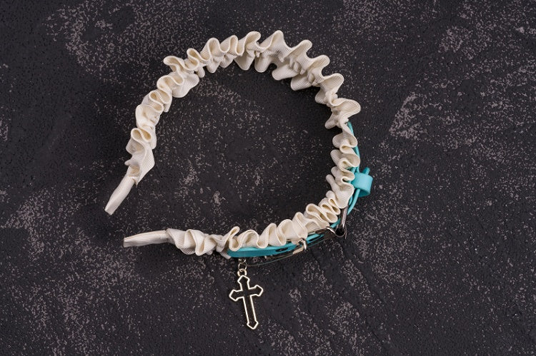 Side Blue PU Buckle White Cross and Pins Ruffled KC