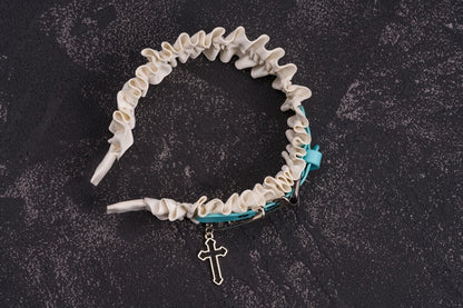 Side Blue PU Buckle White Cross and Pins Ruffled KC