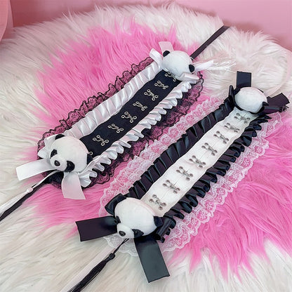 Black/White Jirai Kei Plush Panda Decorated Bowknot Details Ruffled Lace Trim Hairband with Tassels
