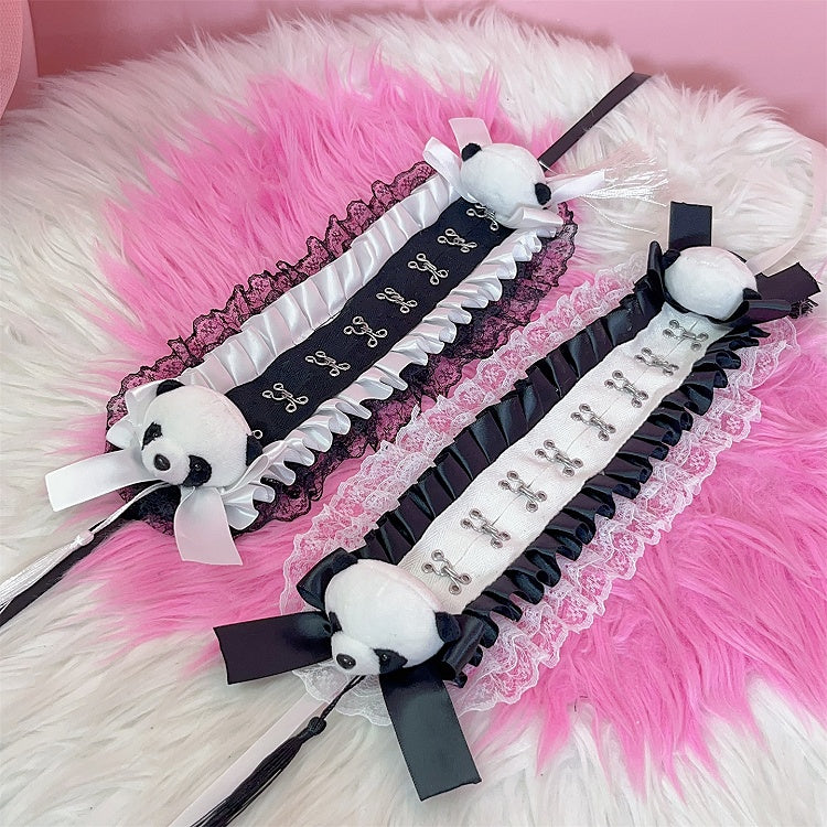 Black/White Jirai Kei Plush Panda Decorated Bowknot Details Ruffled Lace Trim Hairband with Tassels