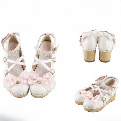 White Bow at Top Crisscross Design Heart Buckles Lace Trim Platforms