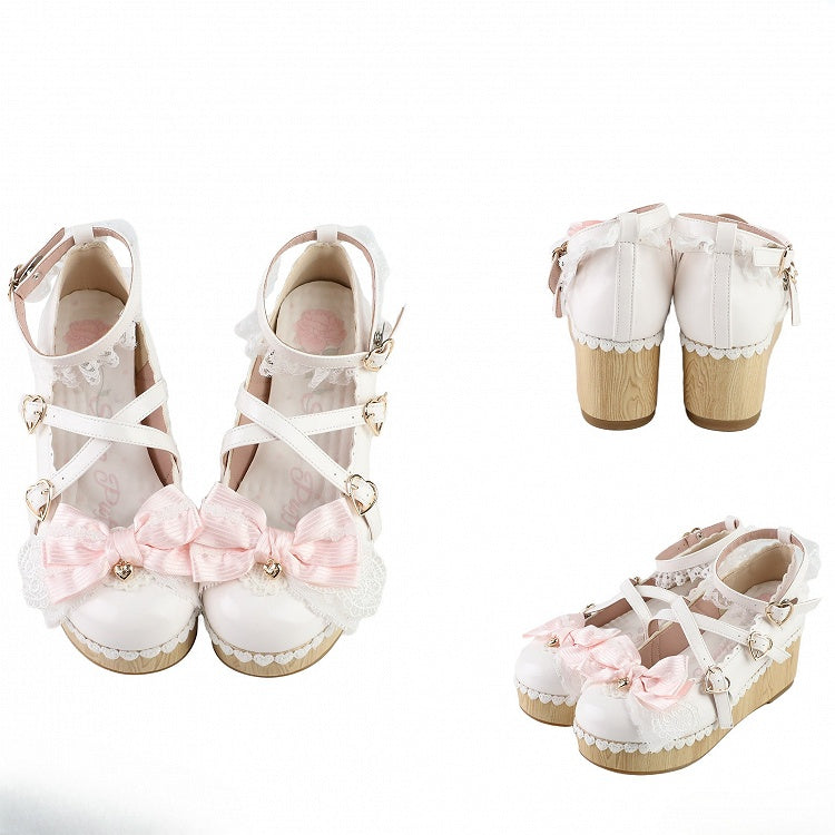 White Bow at Top Crisscross Design Heart Buckles Lace Trim Platforms