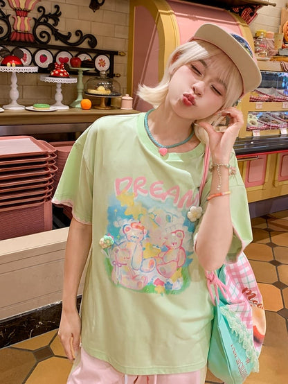 Green Round Neck Teddy Bear Print Knit Floral Accents Loose T-shirt