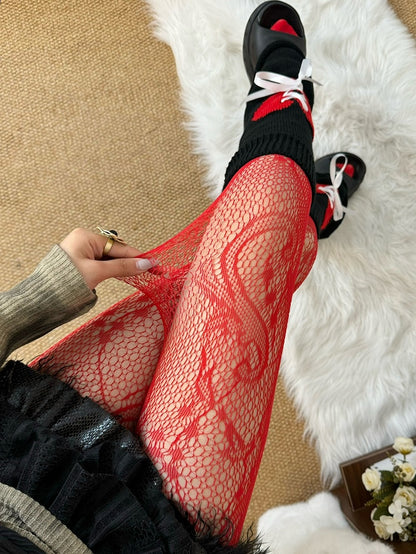 Red/Black/White Hollow-out Design Tights