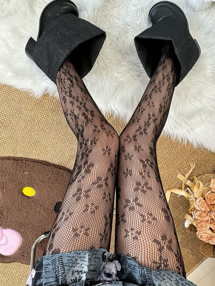 Brown/Purple/Black/White Y2K Floral Details Tights