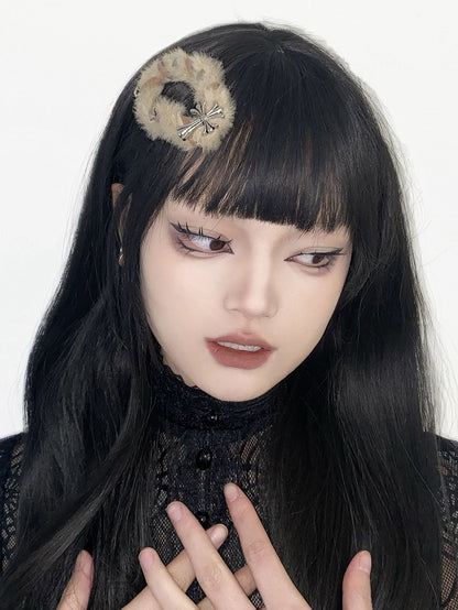 Cross Decorated Light Coffee Plush Star/Cloud Shaped Hairclip