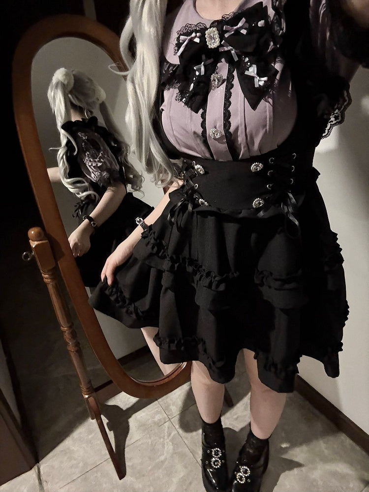 Purple Peter Pan Collar Blouse with Black Lace-up Waist Overall Skirt Jirai Kei Set