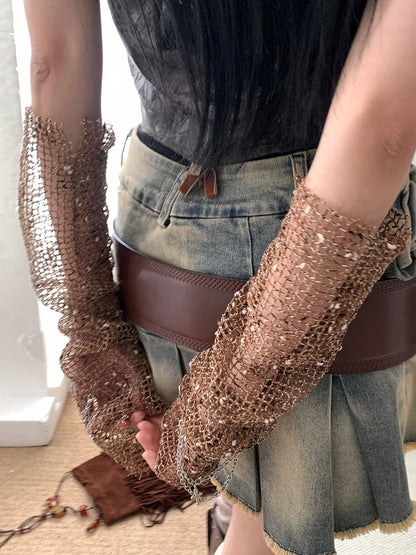 Brown Wasteland Punk Cross Charm Fishnet Sleeves