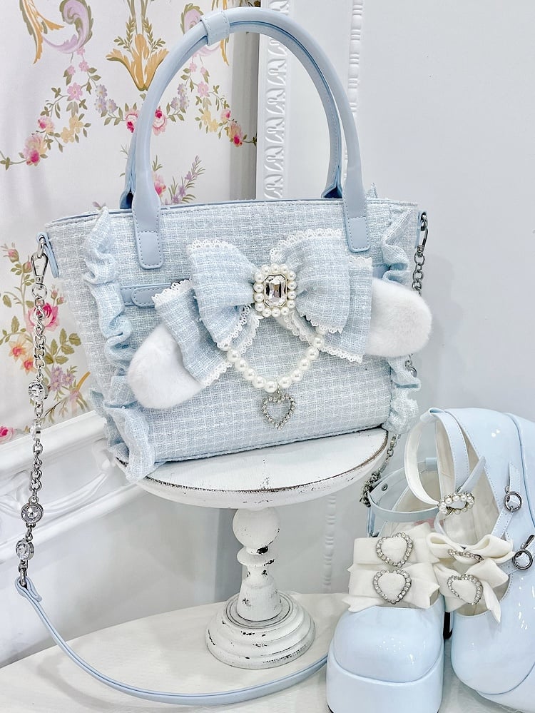Blue Plush Bunny Ear Decor Bow Accent Lolita Bag – 3 Ways to Wear: Crossbody, Shoulder, or Hand