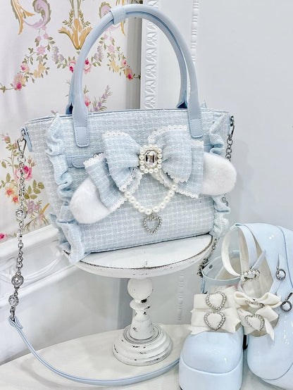 Blue Plush Bunny Ear Decor Bow Accent Lolita Bag – 3 Ways to Wear: Crossbody, Shoulder, or Hand