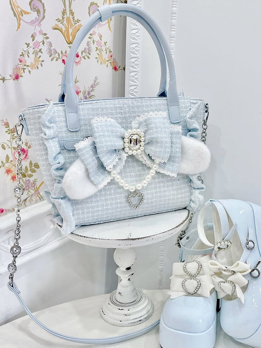 Blue Plush Bunny Ear Decor Bow Accent Lolita Bag – 3 Ways to Wear: Crossbody, Shoulder, or Hand