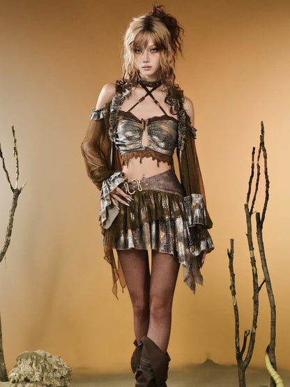 Dark Brown Wasteland Punk V-neck Semi-sheer Cutout Shoulder Design Long Sleeves Top