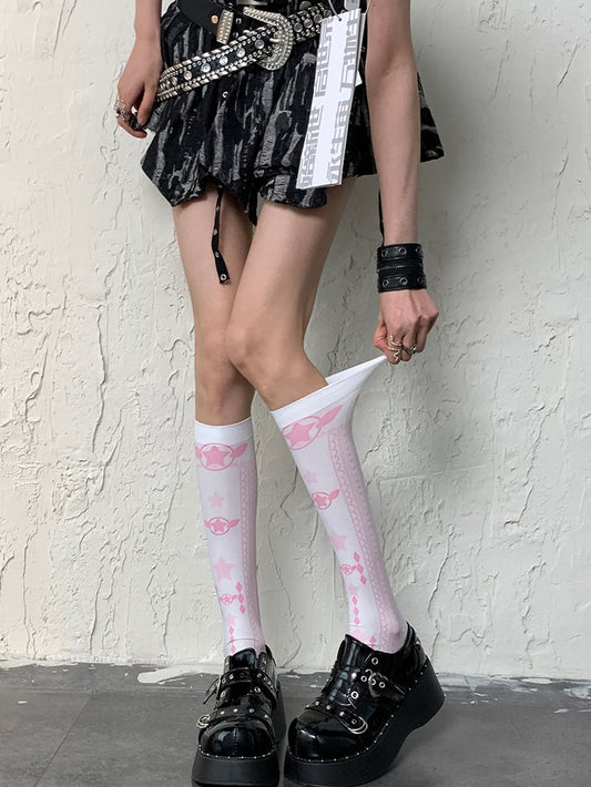 White&Pink Y2K Star And Diamond Pattern Underknee Stockings