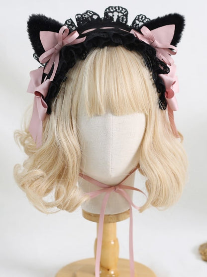 5 Colors Sweet Lolita Bowknot Lace Hairband with Detachable Plush Kitty Ears