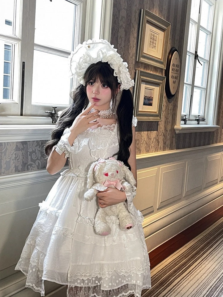 White Flutter Sleeves Butterfly Accent Ruffled Lace Trim Lolita JSK