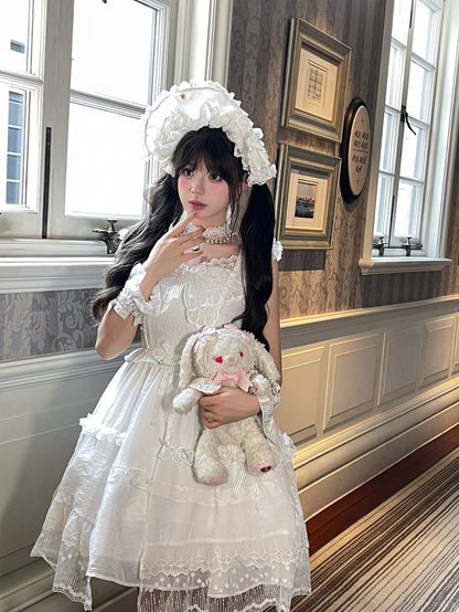 White Flutter Sleeves Butterfly Accent Ruffled Lace Trim Lolita JSK