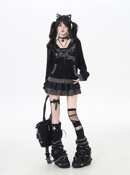 Y2K Black Distressed Holes Zip-up Hooded Jacket