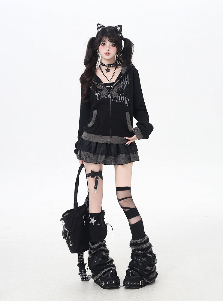 Y2K Black Distressed Holes Zip-up Hooded Jacket