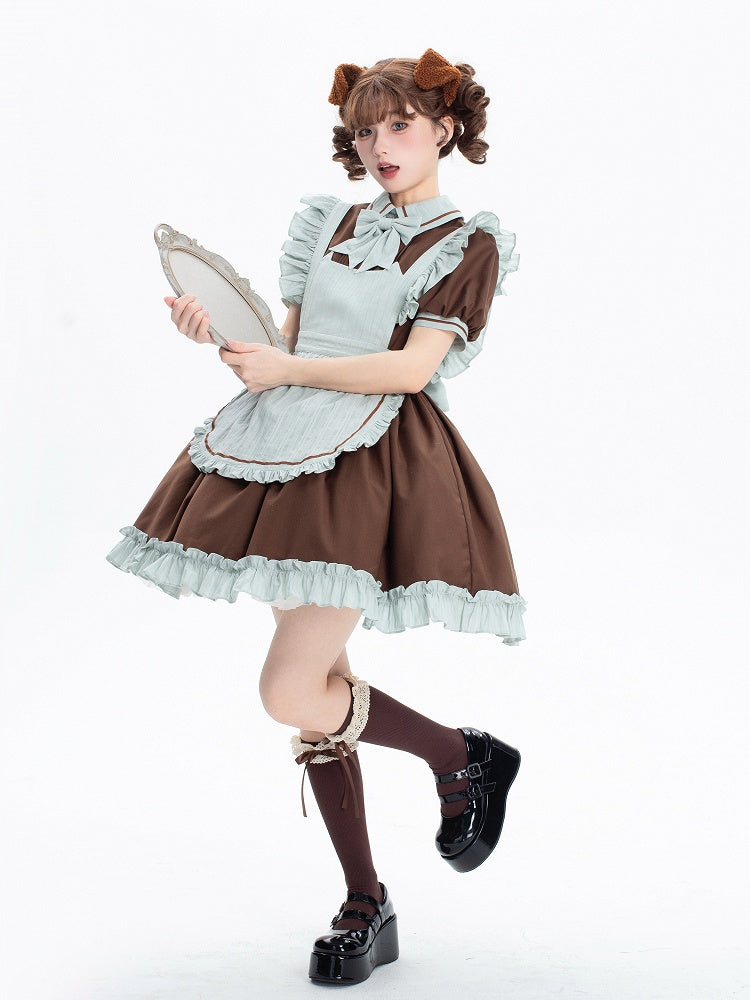 Brown and Mint Green Kitty Maid Lolita Short Puff Sleeves Dress + Apron