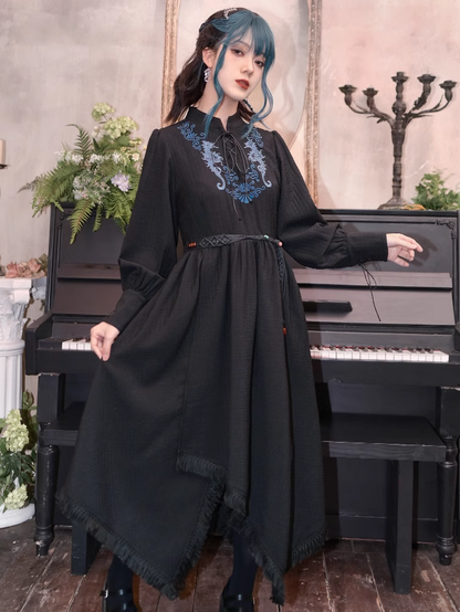 Blue Seahorse Embroidery Tassel Hem Black Cheongsam Style Dress with Lace-up Detail at Front