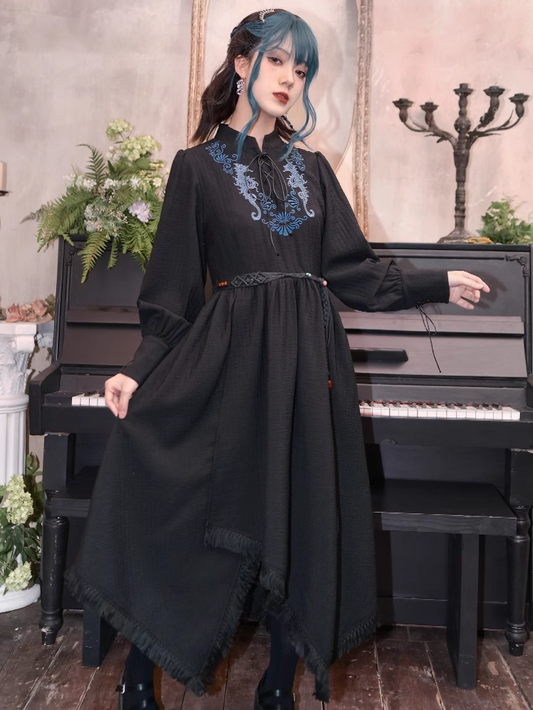 Blue Seahorse Embroidery Tassel Hem Black Cheongsam Style Dress with Lace-up Detail at Front