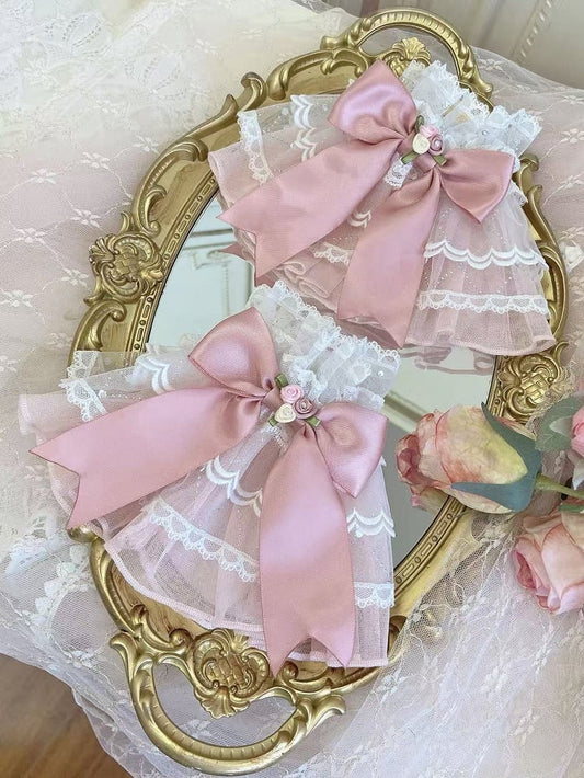 Pink Hanayome Lolita Tiered Wrist Cuffs with Bow Acccent