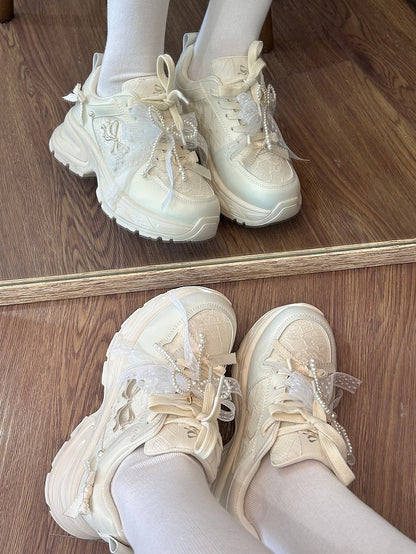 White Beaded Decorated Bowknot Details Front Lace-up Ties Sneakers