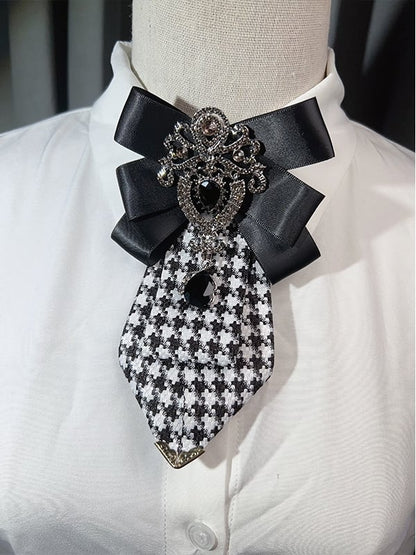 4 Options Rhinestone Decorated Bowknot Design Houndstooth Pattern Neck Tie