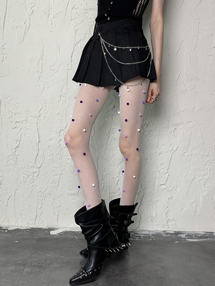 White Y2K Hollow-out Design Fishnet Tights With Pink Purple White Pompons