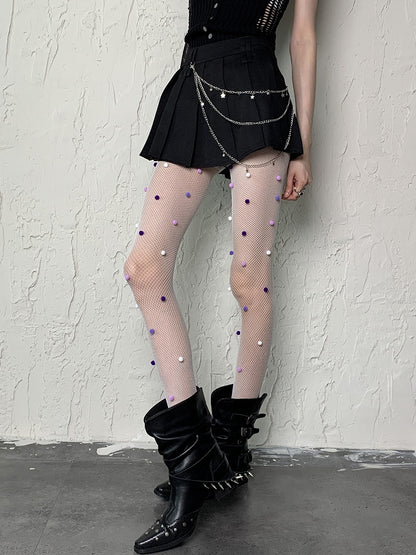 White Y2K Hollow-out Design Fishnet Tights With Pink Purple White Pompons