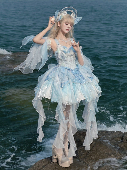 Light Blue Corset Waist Princess Lolita Beads and Sequins Detail Cascading Ruffle Accents Fairy Layered Dress