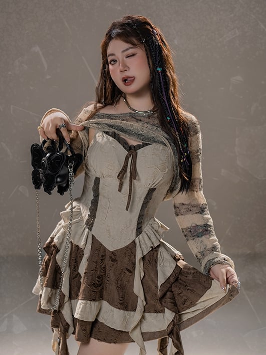 Plus Size Asymmetrical Neckline Wasteland Punk Brown Striped Coverup