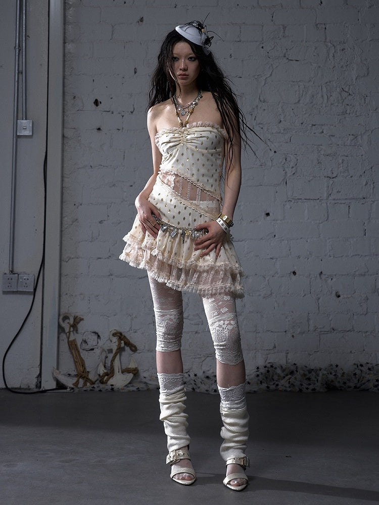 Beige/Black Halter Neck Lace Patches Waist Polka-dot Vintage Strapless Dress