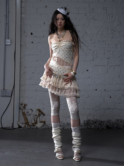 Beige/Black Halter Neck Lace Patches Waist Polka-dot Vintage Strapless Dress