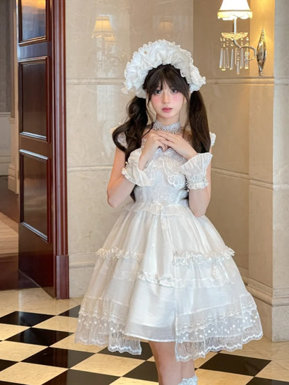 White Flutter Sleeves Butterfly Accent Ruffled Lace Trim Lolita JSK