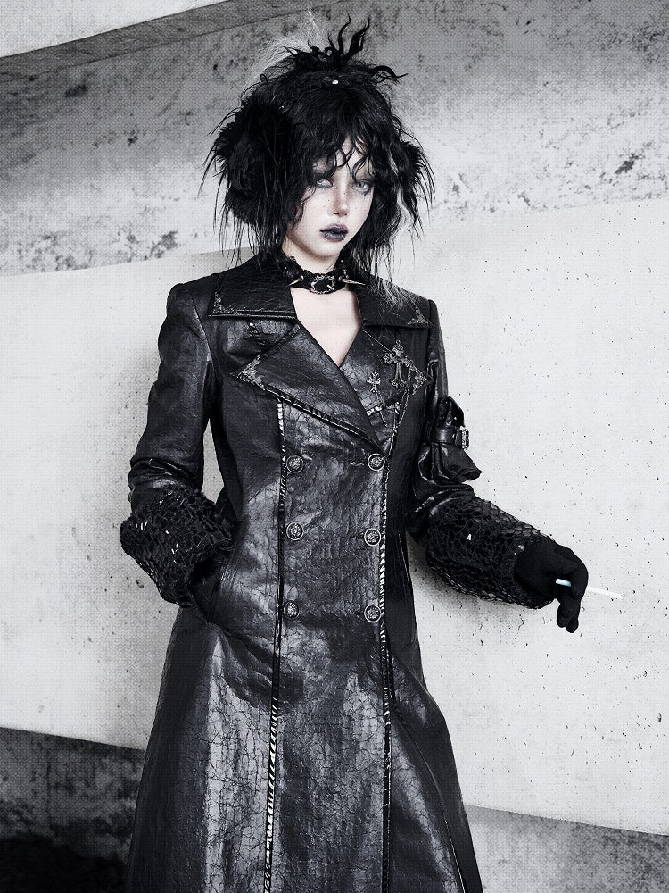 Black Goth Cracked Leather Trench Coat with Cozy Fleece Lining