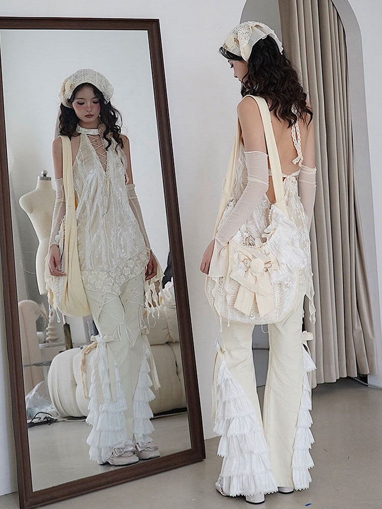 Bead and Butterfly Details Beige Bowknot Canvas Crossbody with Ruffle Trim