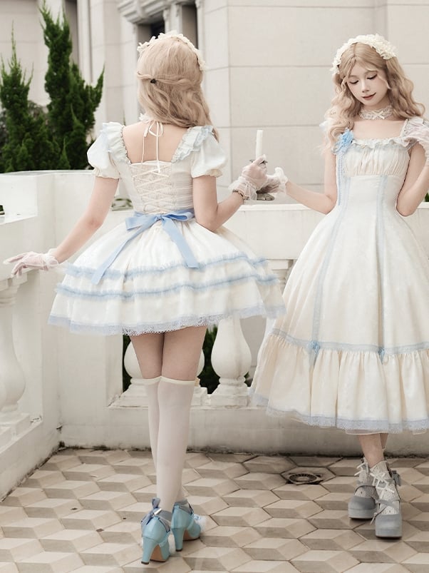 Beige and Light Blue Lace Trims Square Neckline Short Puff Sleeves Lolita Dress