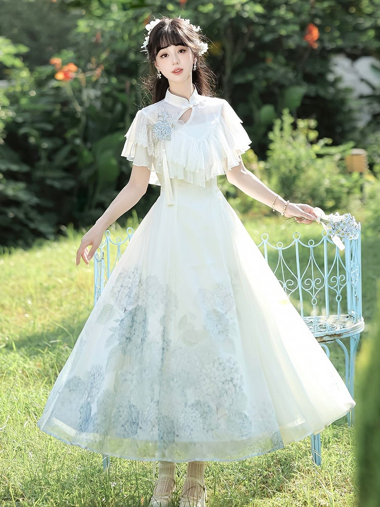 Hydrangea Print White Elegant Classic Lolita Dress with Lace Shawl