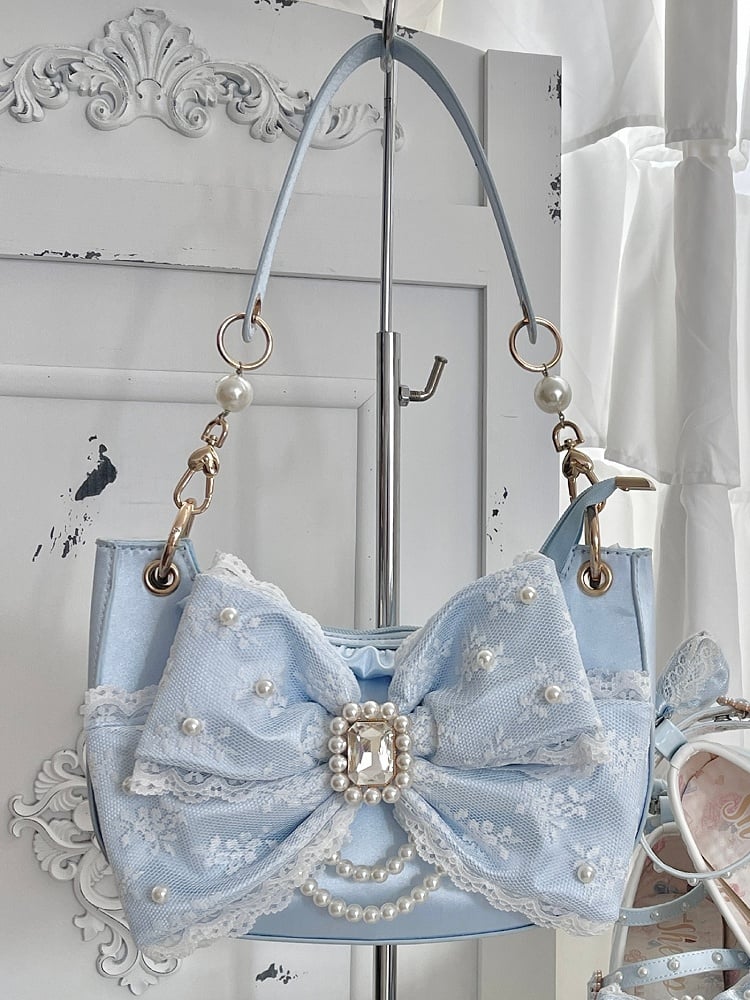 Blue Sweet Lolita Underarm Bag in Satin with Dazzling Bead and Crystal Bow
