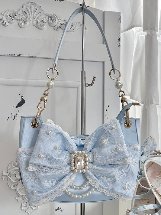 Blue Sweet Lolita Underarm Bag in Satin with Dazzling Bead and Crystal Bow