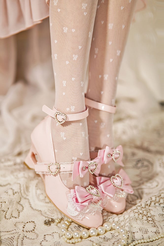 Light Pink Gyaru Fashion Heart Cut-out Wedge Heels Mary Janes Jirai Kei Shoes