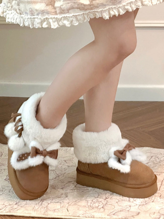 Sweet Light Brown Winter Boots for Lolita - Plush Dot Bunny Accents with Adjustable Pompom Ties