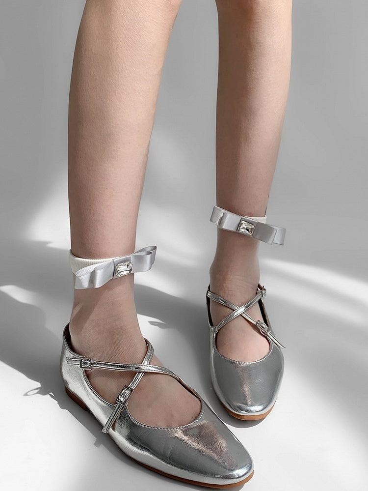 White Rhinestone Decorated Bowknot Design Socks