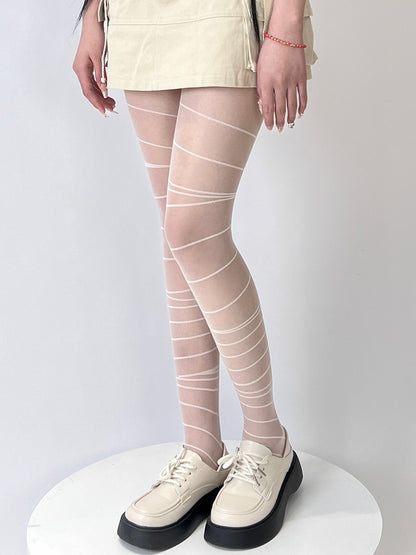 Gray/White Punk Striped Pattern Tights