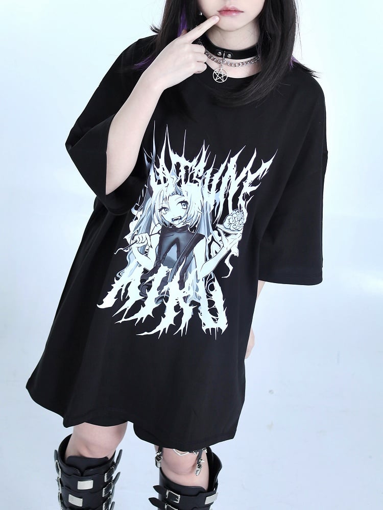 Black Jirai Kei Cartoon Girl Print Round Neck T-shirt