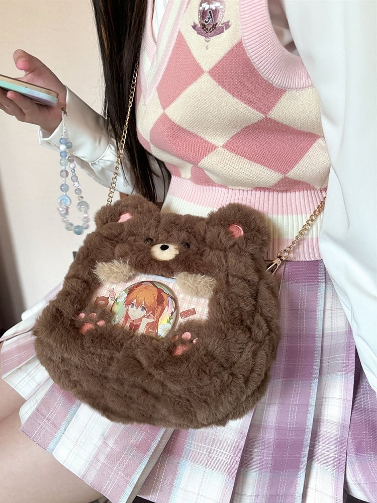 Brown Cute Plush Bear Crossbody Ita Bag