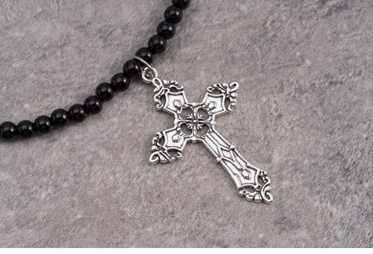 Silver Cross Pendant Gothic Black Beads Necklace