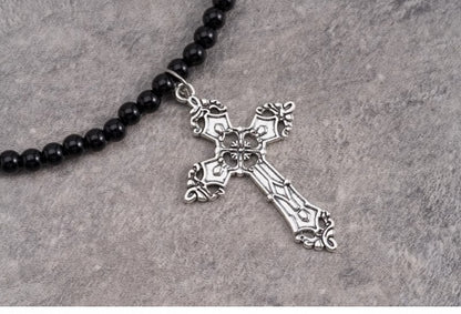Silver Cross Pendant Gothic Black Beads Necklace