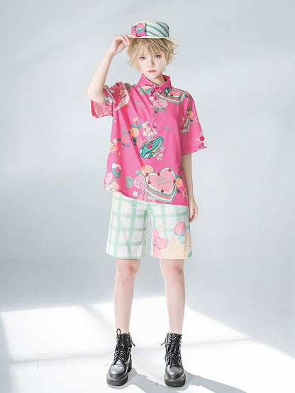 Green Plaid Flower Shorts